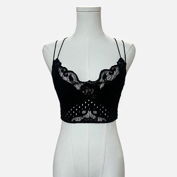 Free People Black Velvet Madonna Sheer Floral Lace Smocked Cropped Bra Top XS - Picture 3 of 8